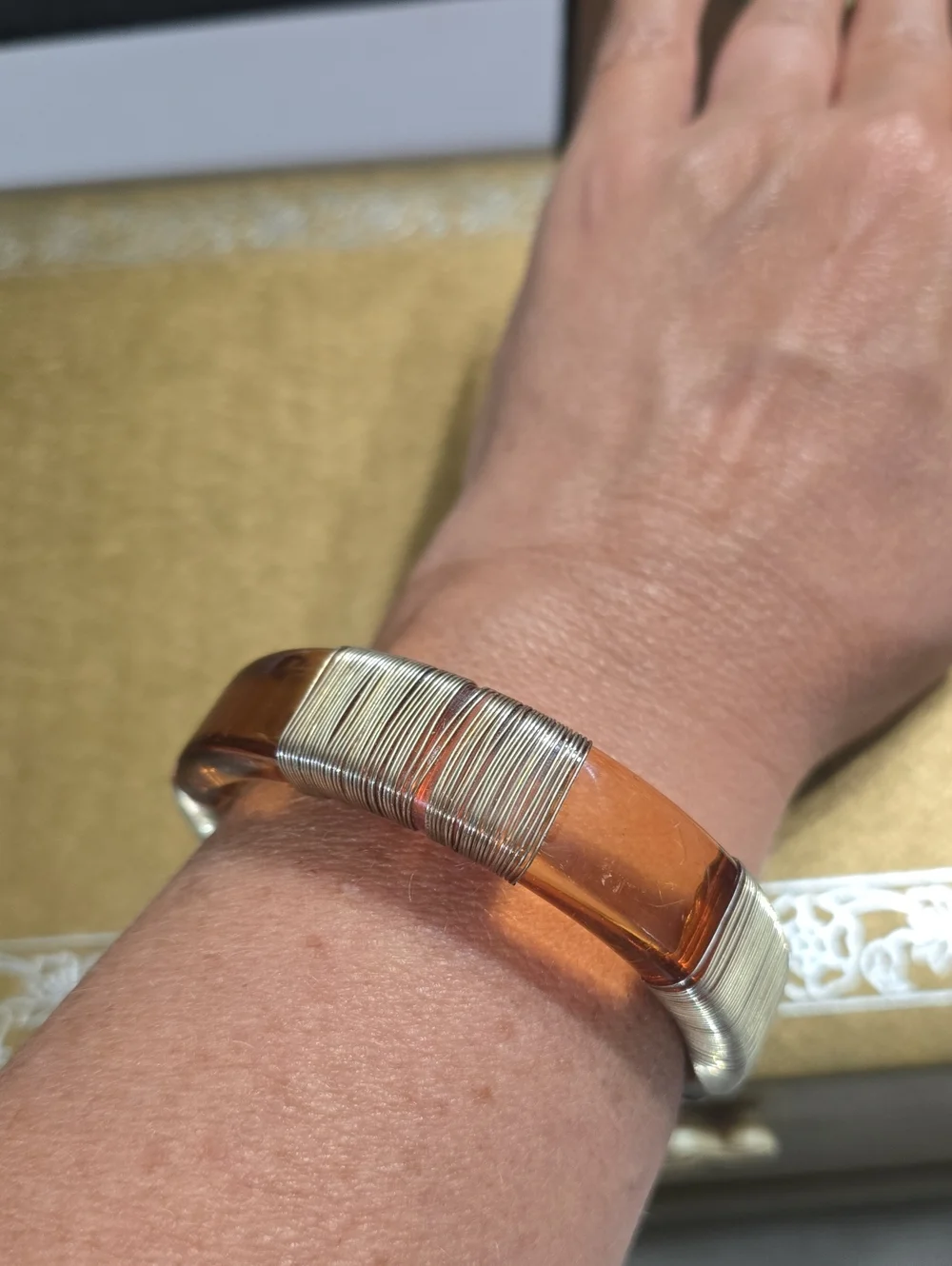 Vintage Amber Tone Lucite Bangle Bracelet with Gold Wire Wrap